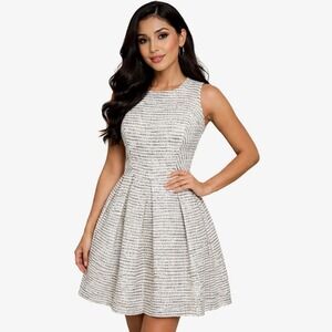 SHOSHANNA Size 4 Bridget Metallic Ecru Tweed Linen Blend Fit & Flare Party Dress